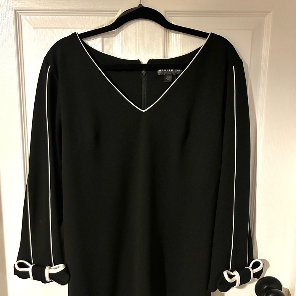 Harper 241 Black Dress with White Bow Trim